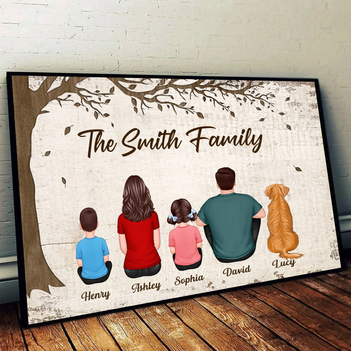 Whole Back View Family Grandma Grandpa Dad Mom Kids Dogs Cats Sitting Under Tree Personalized Horizontal Poster - Image 2