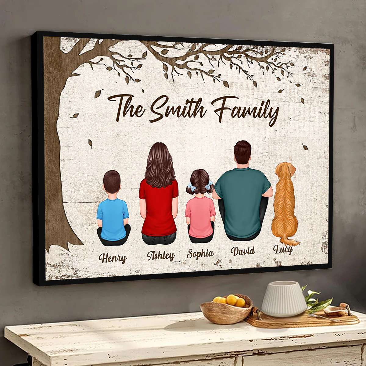 Whole Back View Family Grandma Grandpa Dad Mom Kids Dogs Cats Sitting Under Tree Personalized Horizontal Poster - Image 3