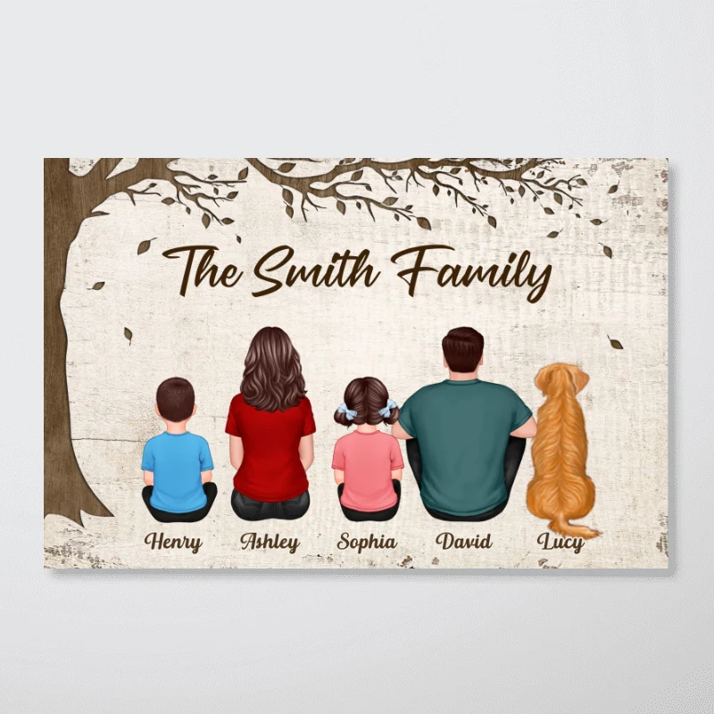 Whole Back View Family Grandma Grandpa Dad Mom Kids Dogs Cats Sitting Under Tree Personalized Horizontal Poster - Image 4
