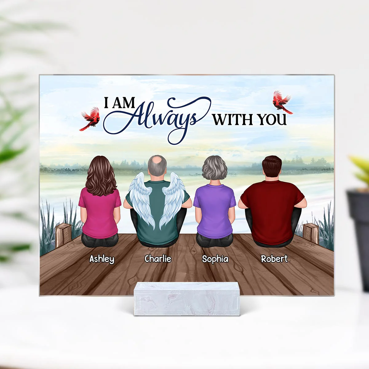 Whole Back View Family Sitting Remembrance Gift Memorial Lake Personalized Acrylic Plaque