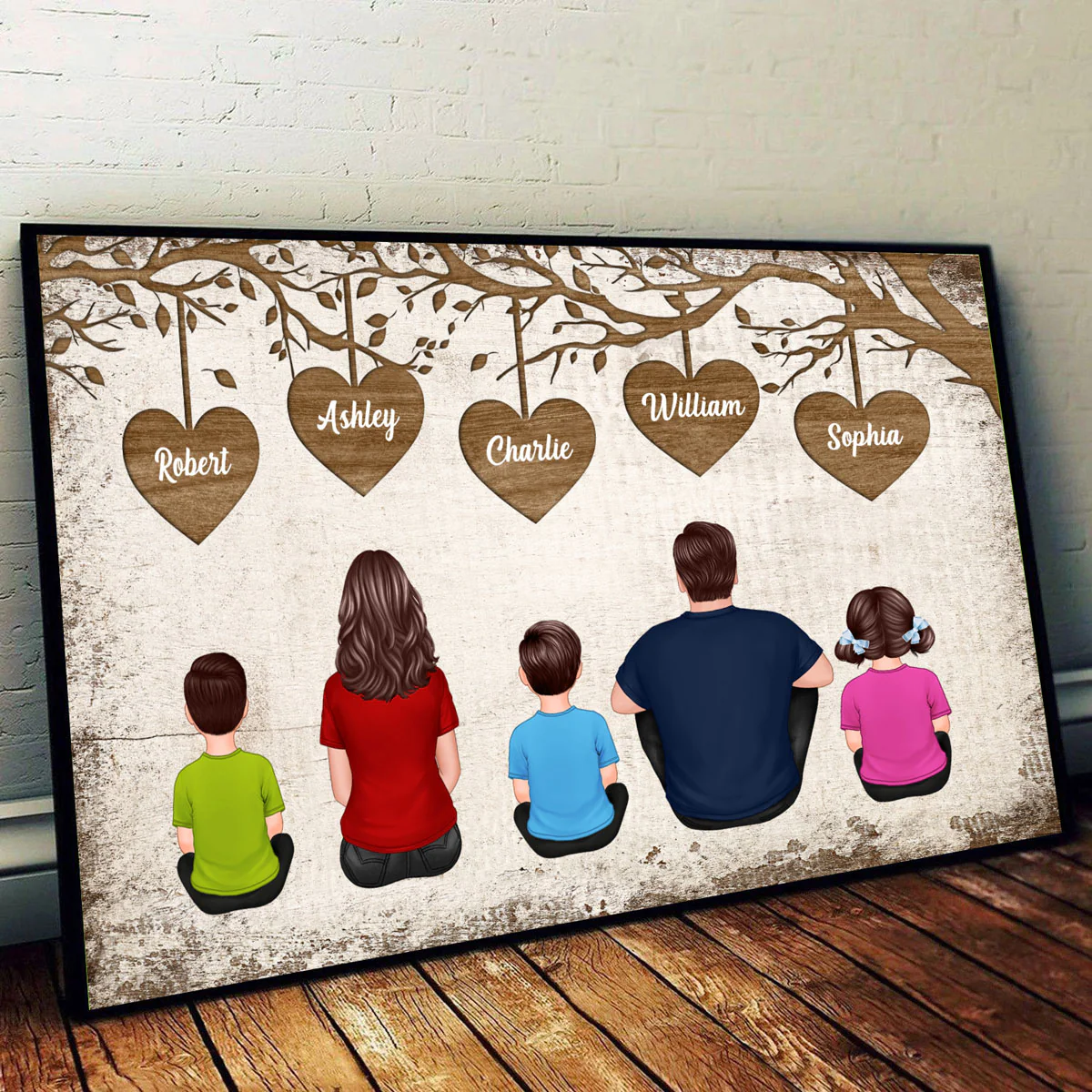 Whole Back View Family Sitting Under Heart Tree Personalized Horizontal Poster - Image 2