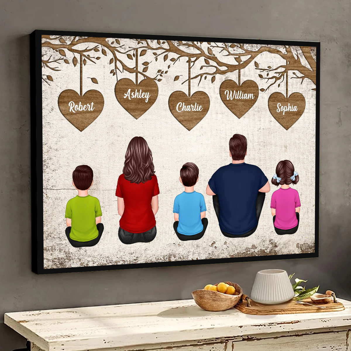 Whole Back View Family Sitting Under Heart Tree Personalized Horizontal Poster - Image 3