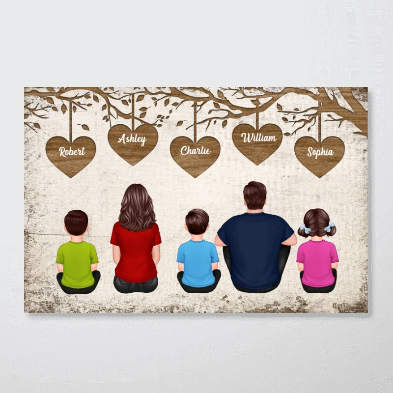 Whole Back View Family Sitting Under Heart Tree Personalized Horizontal Poster - Image 4