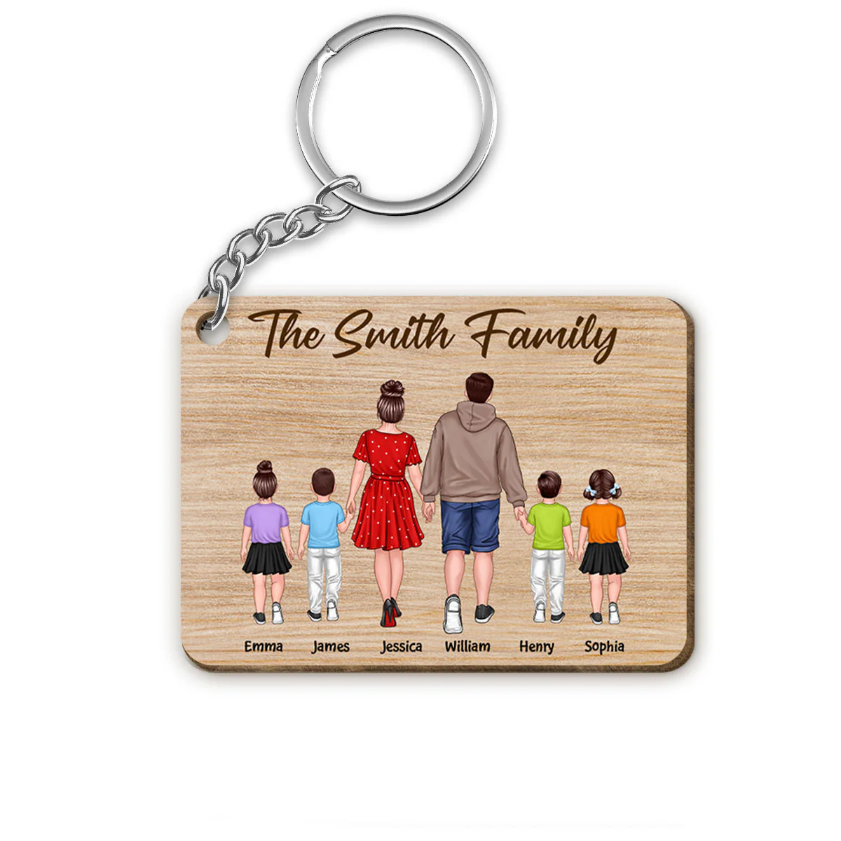 Whole Back View Family Walking Couple Dad Mom Kids Dogs Cats Personalized Wooden Keychain