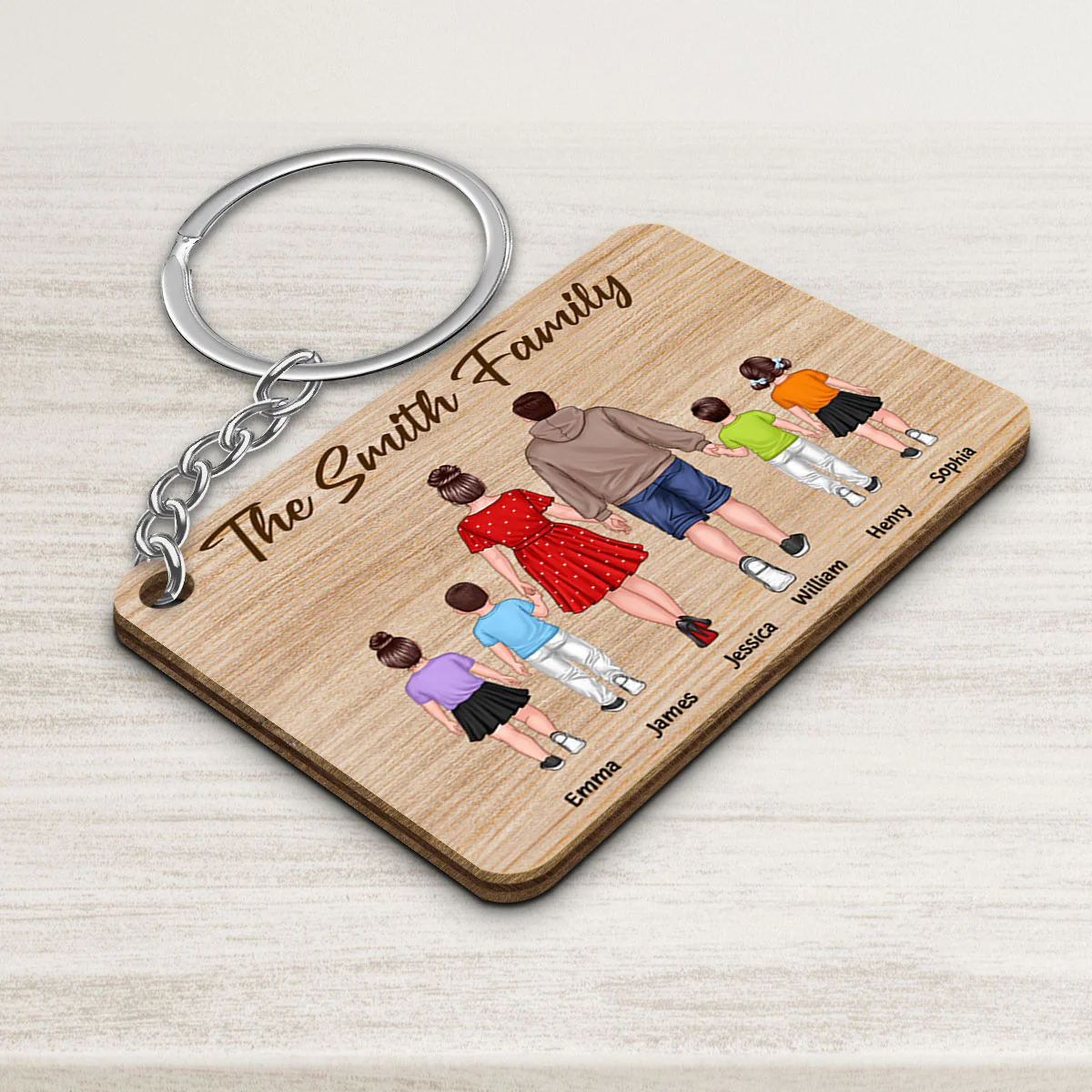Whole Back View Family Walking Couple Dad Mom Kids Dogs Cats Personalized Wooden Keychain - Image 3
