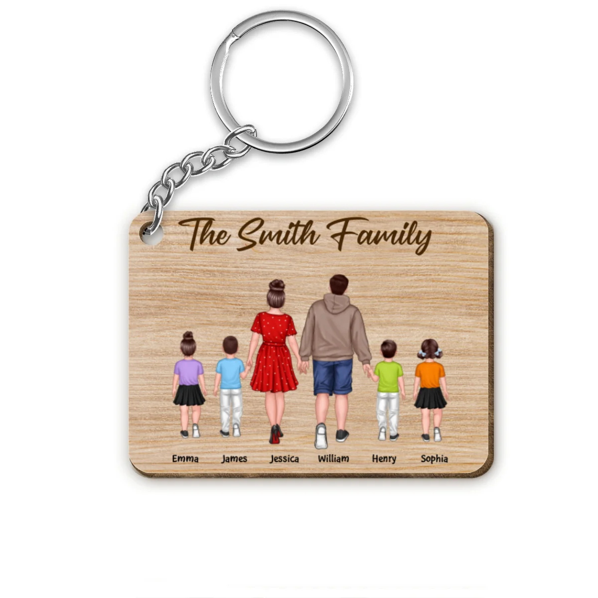 Whole Back View Family Walking Couple Dad Mom Kids Dogs Cats Personalized Wooden Keychain - Image 4