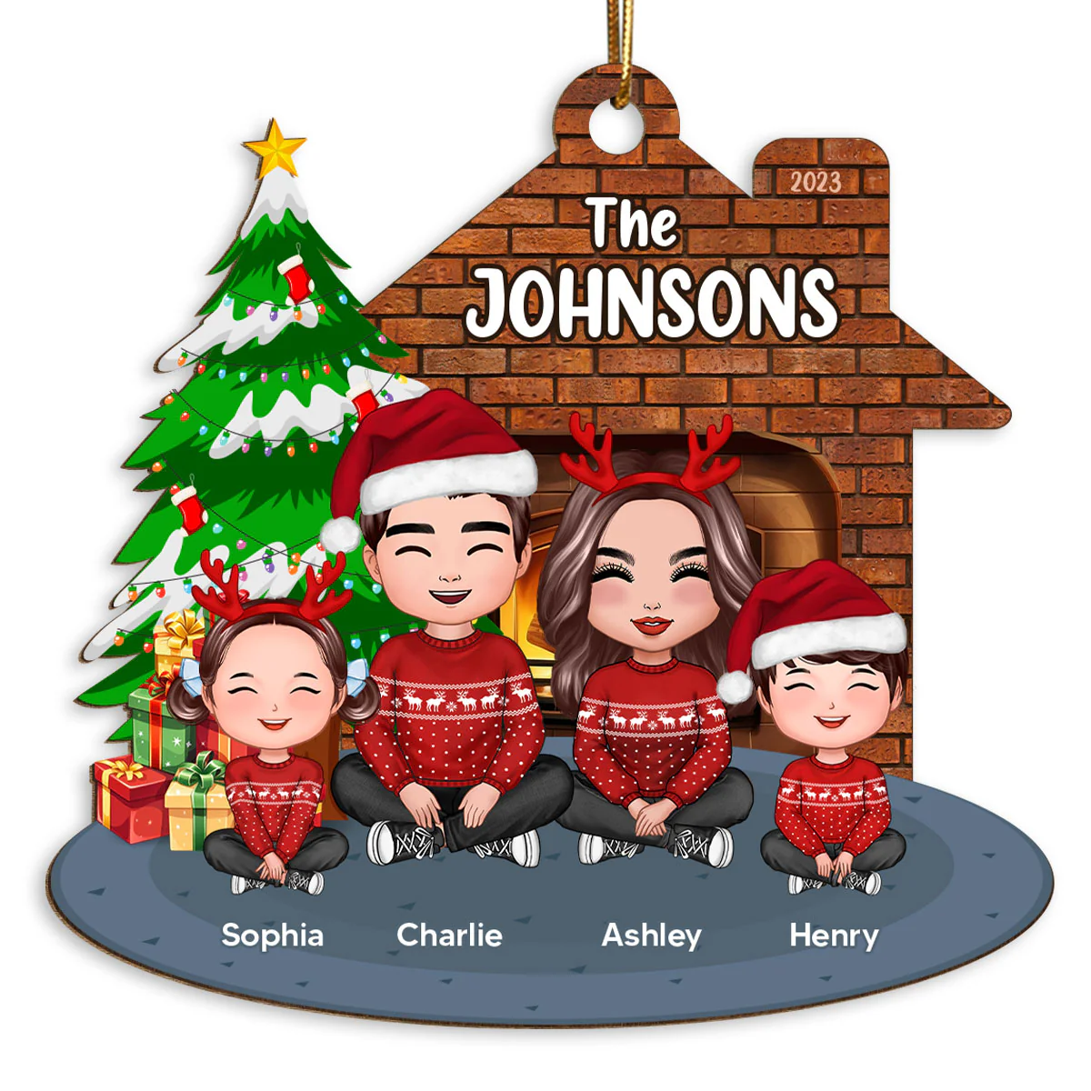 Whole Cute Family Crossed Legs Dad Mom Kid Dog Cat By Christmas Tree In House Personalized Wooden Ornament