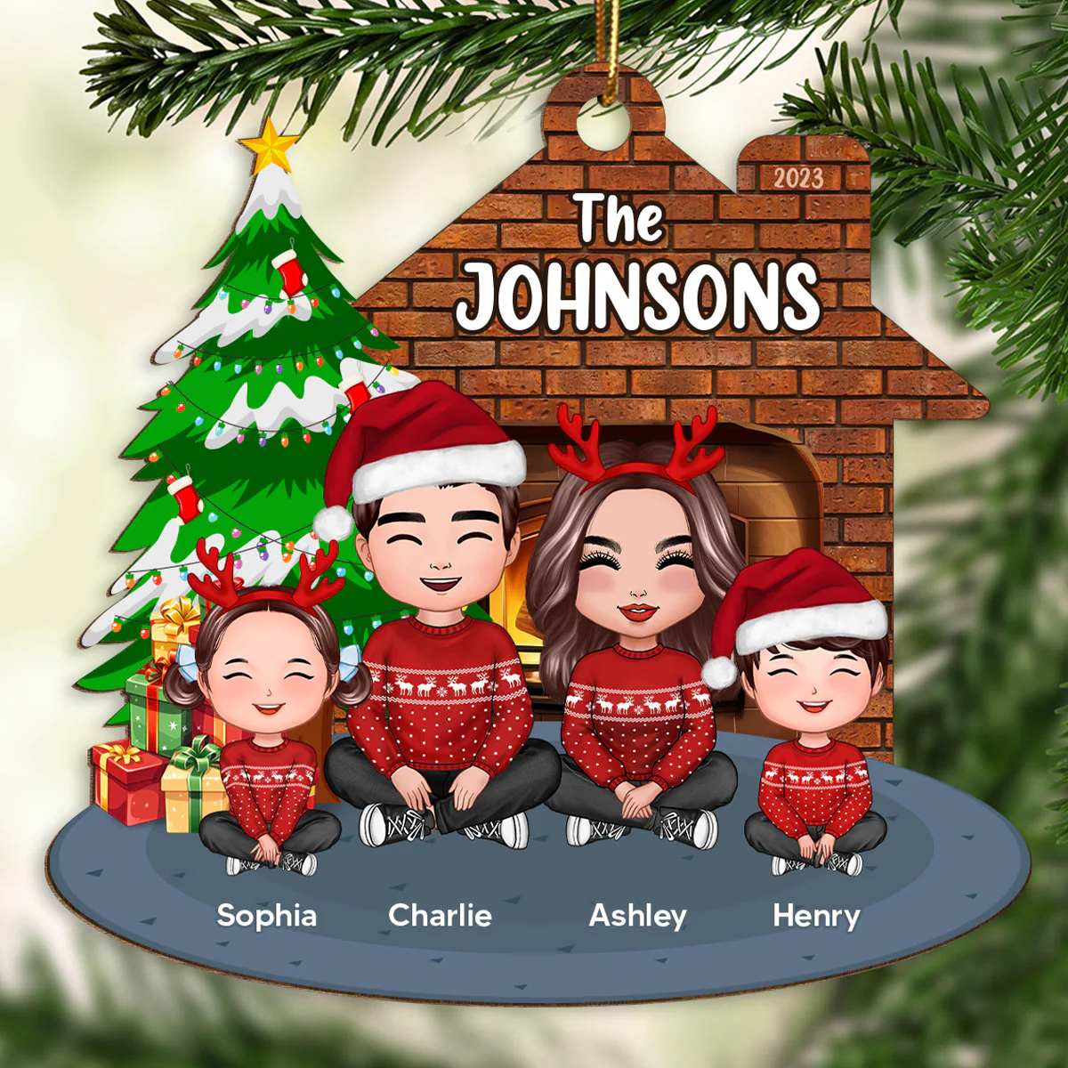 Whole Cute Family Crossed Legs Dad Mom Kid Dog Cat By Christmas Tree In House Personalized Wooden Ornament - Image 2