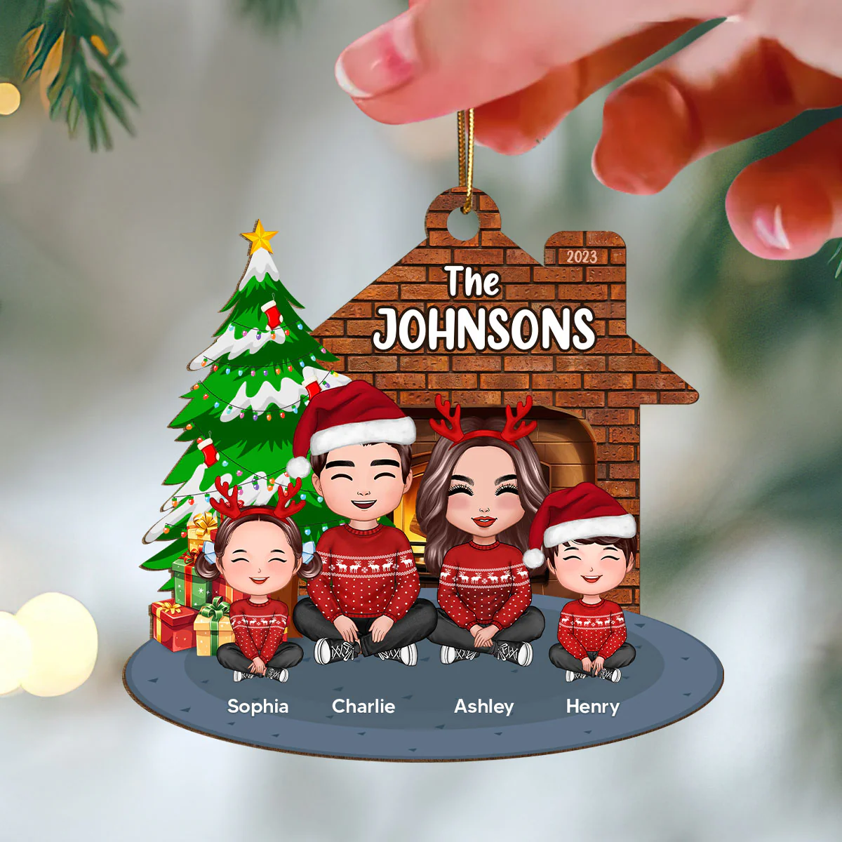 Whole Cute Family Crossed Legs Dad Mom Kid Dog Cat By Christmas Tree In House Personalized Wooden Ornament - Image 3