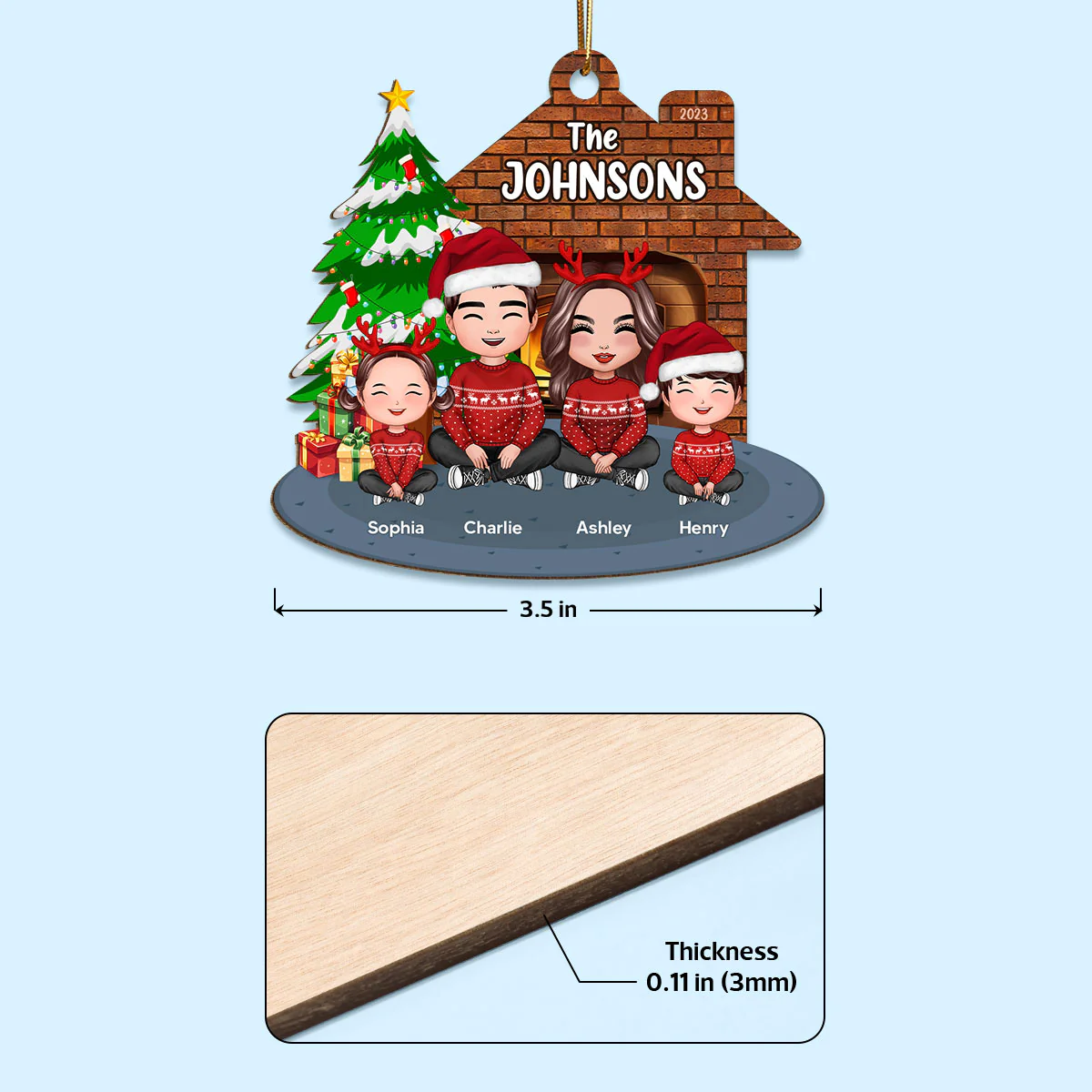 Whole Cute Family Crossed Legs Dad Mom Kid Dog Cat By Christmas Tree In House Personalized Wooden Ornament - Image 4