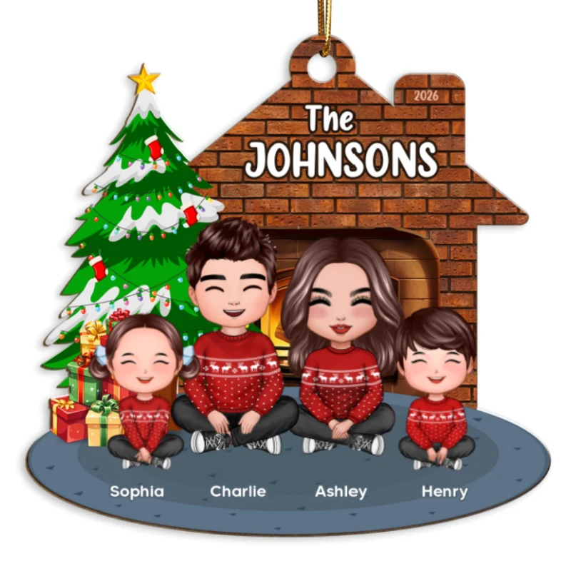Whole Cute Family Crossed Legs Dad Mom Kid Dog Cat By Christmas Tree In House Personalized Wooden Ornament - Image 5