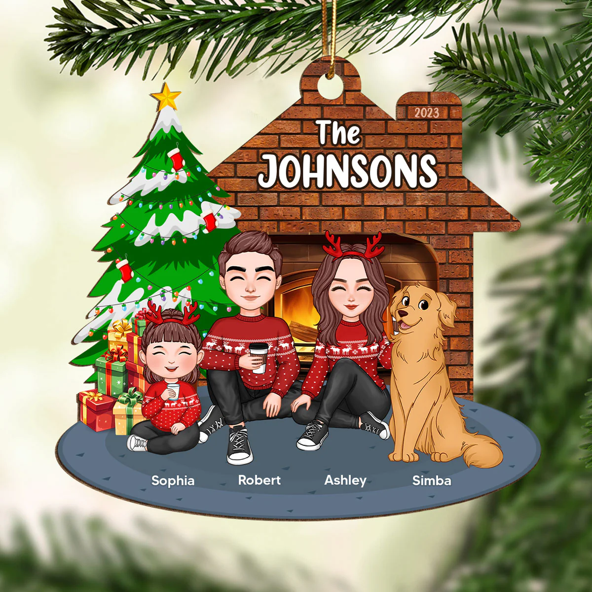 Whole Cute Family Dad Mom Kid Dog Cat By Christmas Tree In House Personalized Wooden Ornament - Image 2