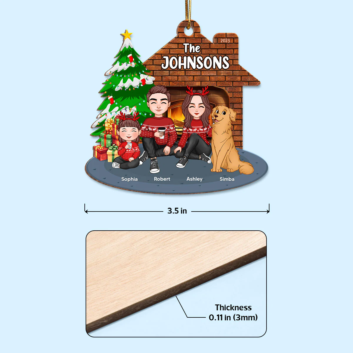 Whole Cute Family Dad Mom Kid Dog Cat By Christmas Tree In House Personalized Wooden Ornament - Image 4