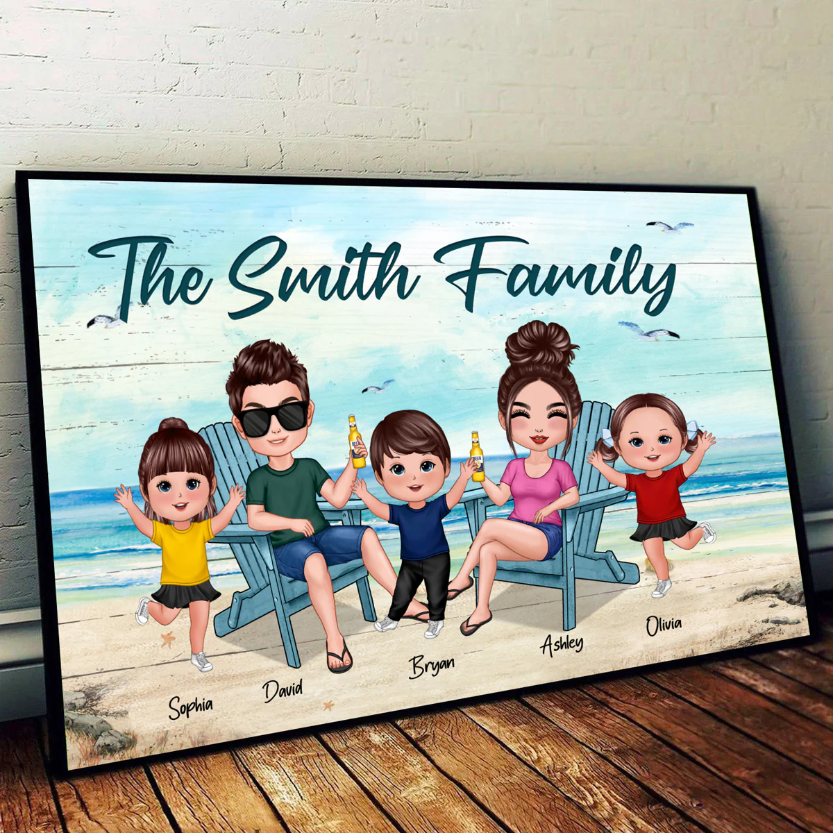 Whole Doll Family Couple Dad Mom Kids Dogs Cats Sitting Beach Landscape Personalized Horizontal Poster - Image 2