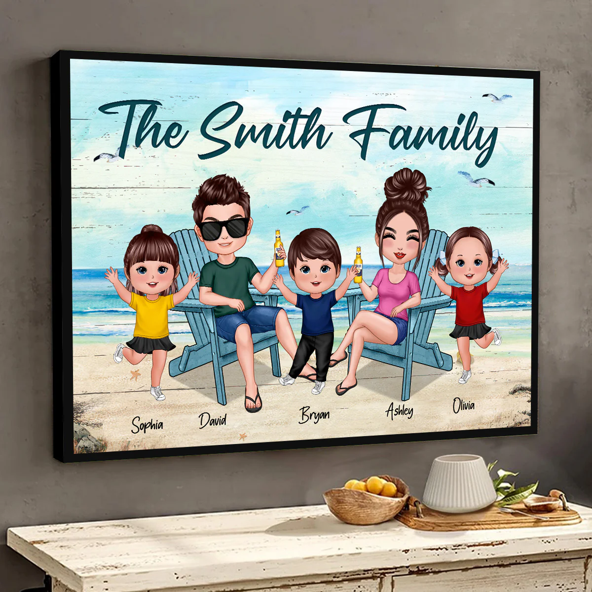 Whole Doll Family Couple Dad Mom Kids Dogs Cats Sitting Beach Landscape Personalized Horizontal Poster - Image 3