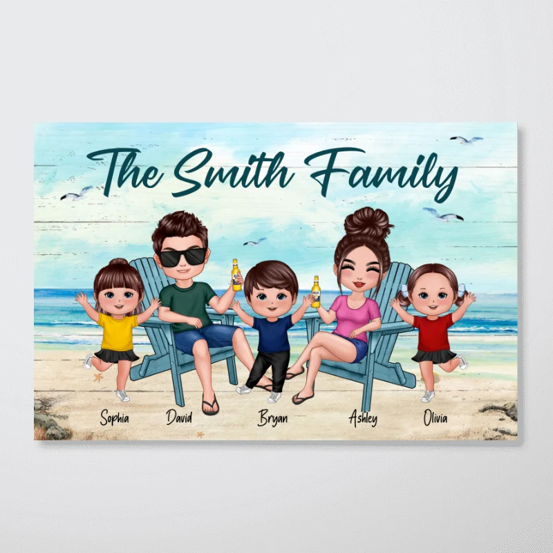 Whole Doll Family Couple Dad Mom Kids Dogs Cats Sitting Beach Landscape Personalized Horizontal Poster - Image 4