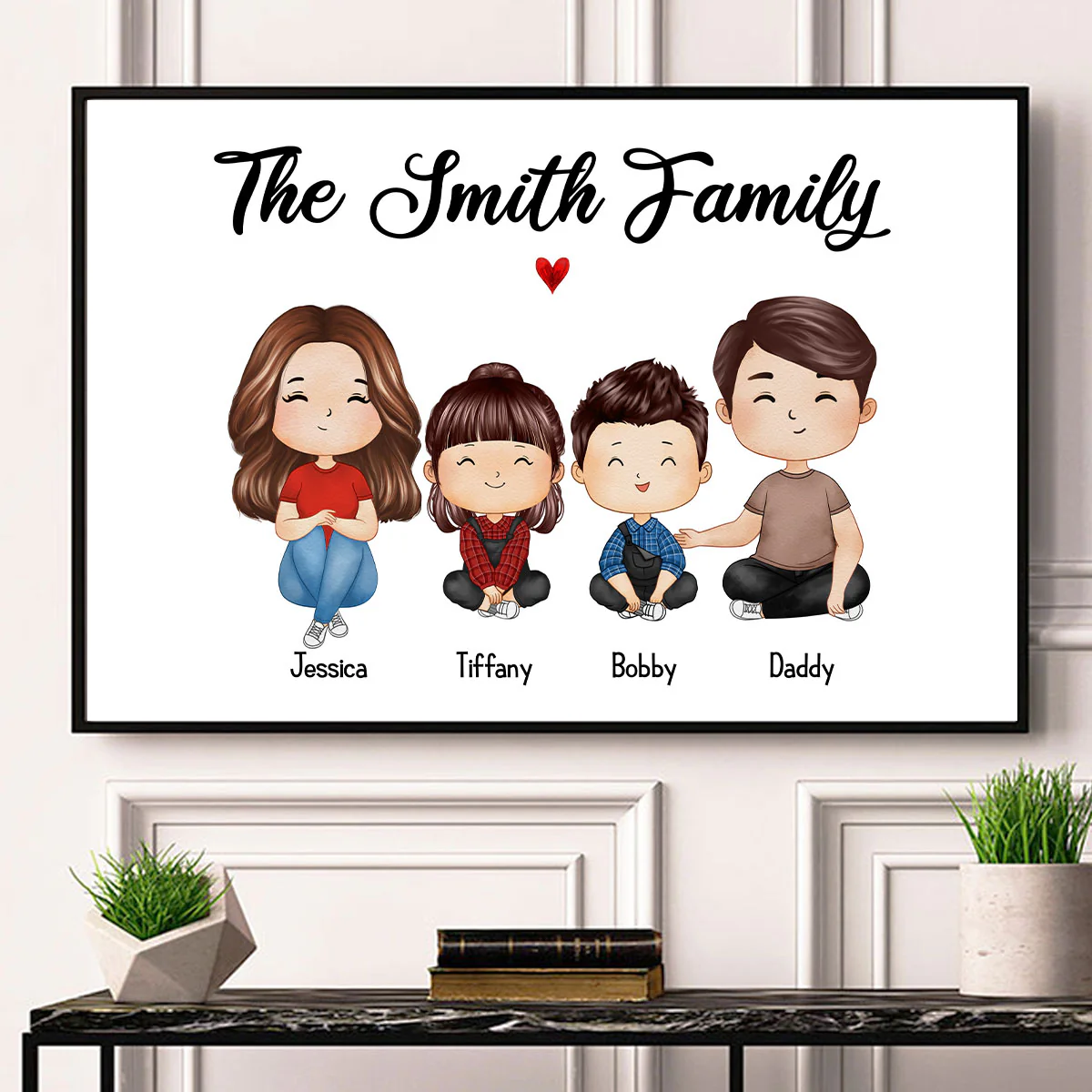 Whole Doll Family Sitting Couple Dad Mom Kids Dogs Cats Watercolor Style Personalized Horizontal Poster - Image 2