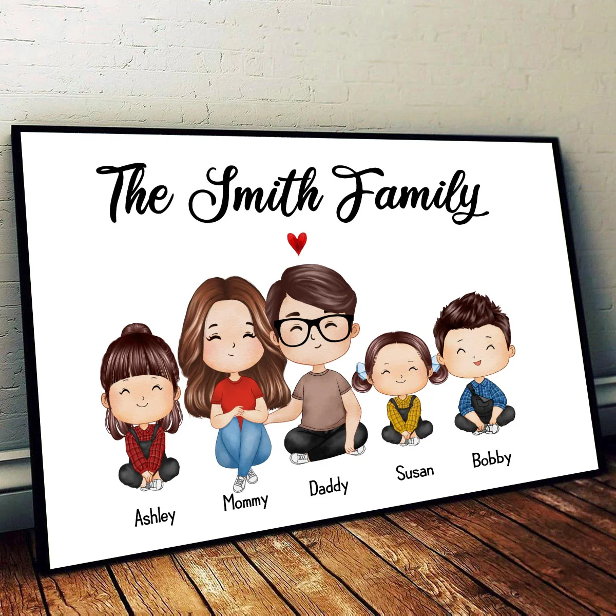 Whole Doll Family Sitting Couple Dad Mom Kids Dogs Cats Watercolor Style Personalized Horizontal Poster - Image 3