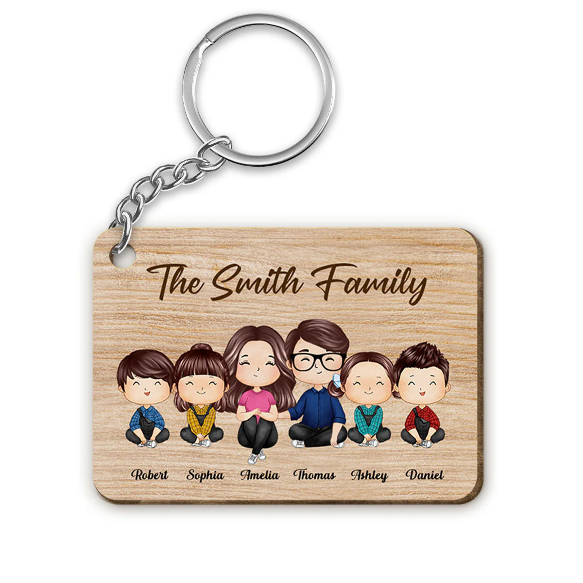 Whole Doll Watercolor Style Family Couple Dad Mom Kids Dogs Cats Sitting Personalized Wooden Keychain