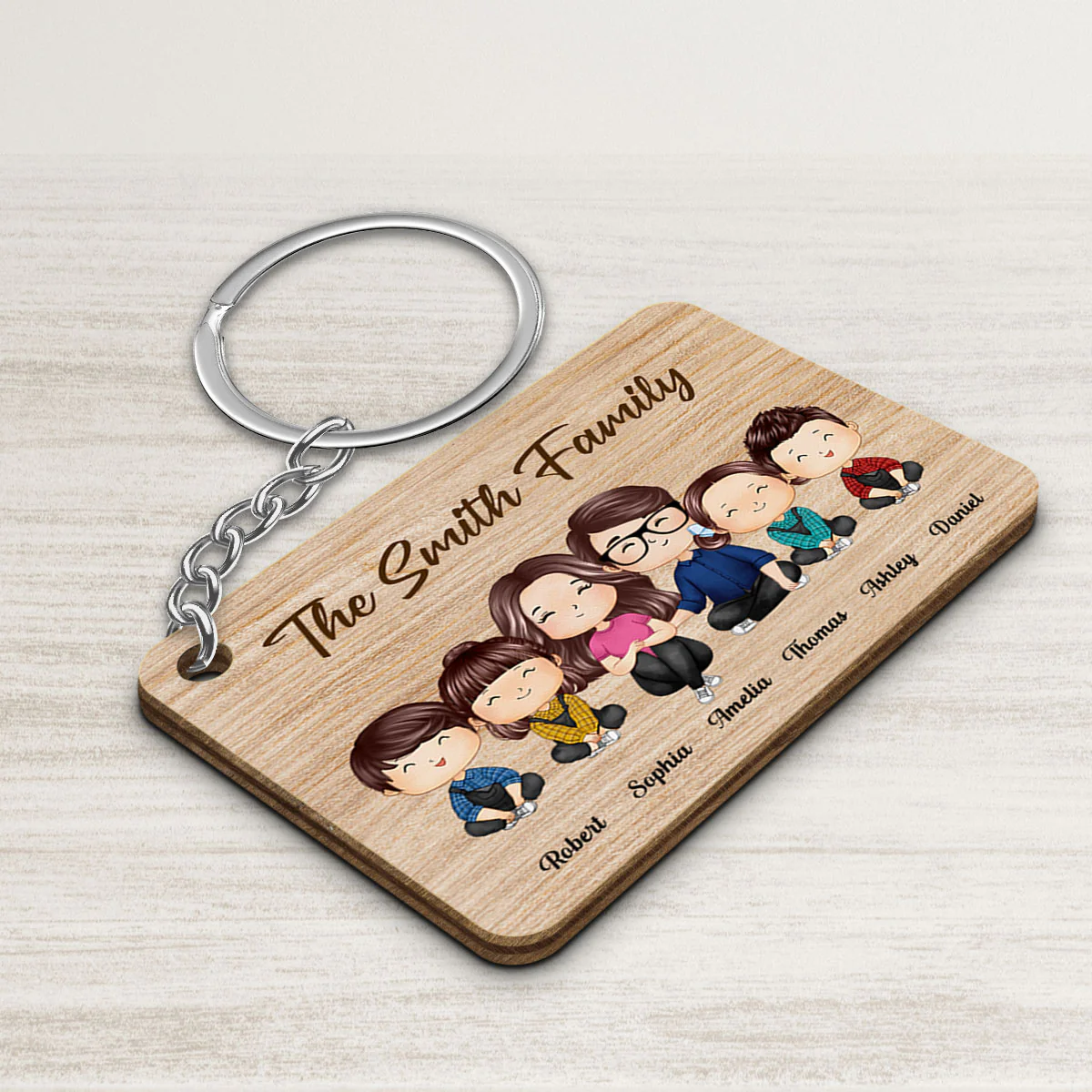Whole Doll Watercolor Style Family Couple Dad Mom Kids Dogs Cats Sitting Personalized Wooden Keychain - Image 3