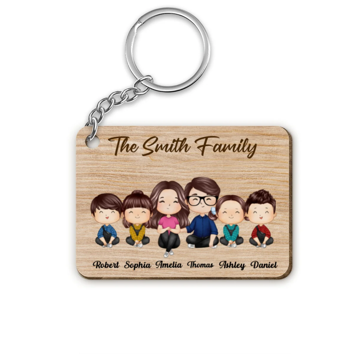 Whole Doll Watercolor Style Family Couple Dad Mom Kids Dogs Cats Sitting Personalized Wooden Keychain - Image 4