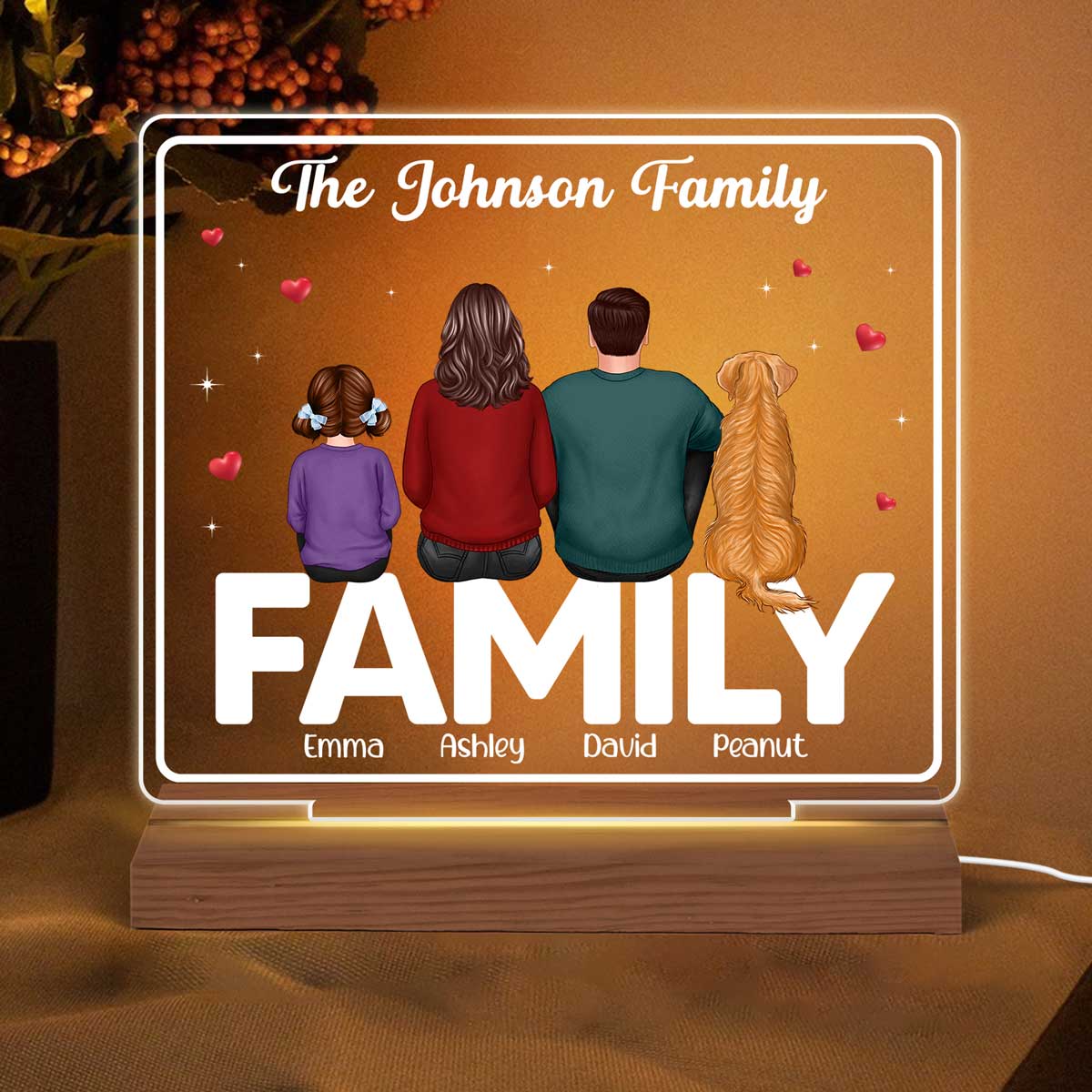 Whole Family Back View Couple Dad Mom Kids Dogs Cats Sitting On Words Personalized Custom Shape Acrylic Plaque LED Night Light - Image 2