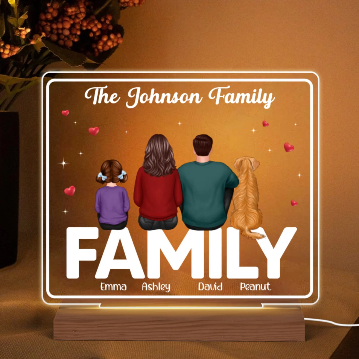 Whole Family Back View Couple Dad Mom Kids Dogs Cats Sitting On Words Personalized Custom Shape Acrylic Plaque LED Night Light - Image 5