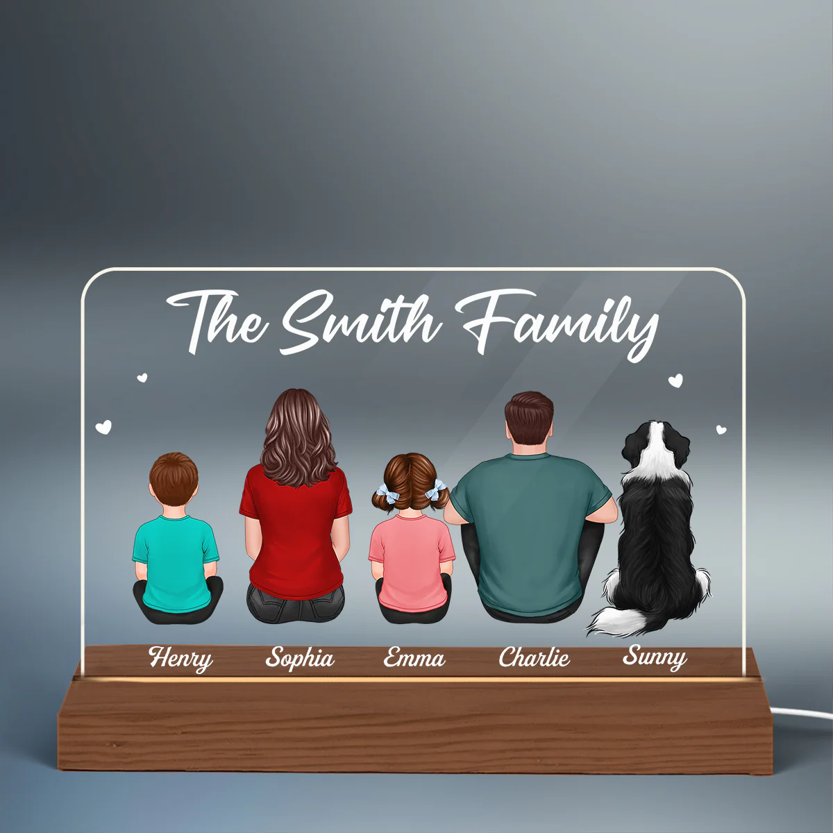 Whole Family Back View Couple Dad Mom Kids Dogs Cats Sitting - Personalized Acrylic LED Night Light - Image 2