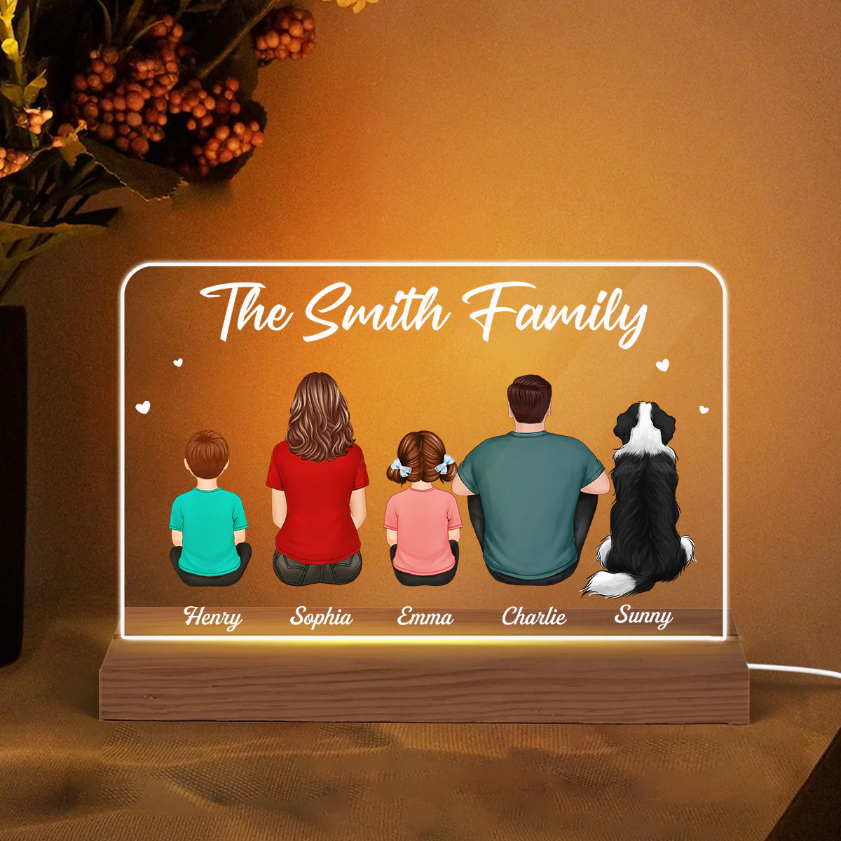 Whole Family Back View Couple Dad Mom Kids Dogs Cats Sitting - Personalized Acrylic LED Night Light - Image 3