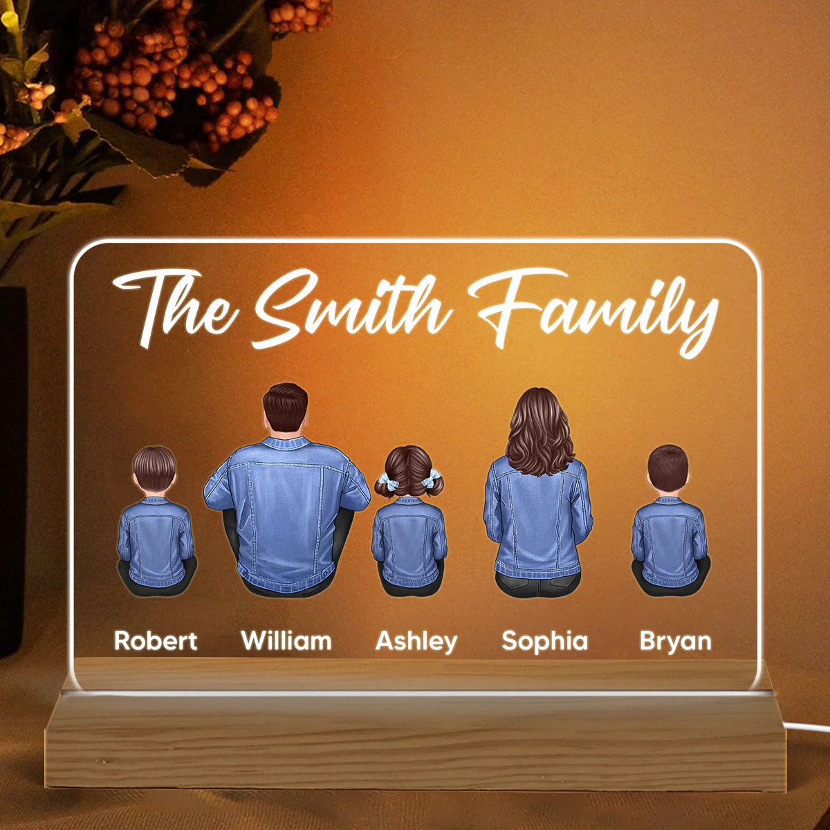Whole Family Back View Denim Couple Dad Mom Kids Dogs Cats Sitting Personalized Custom Shape Warm LED Night Light
