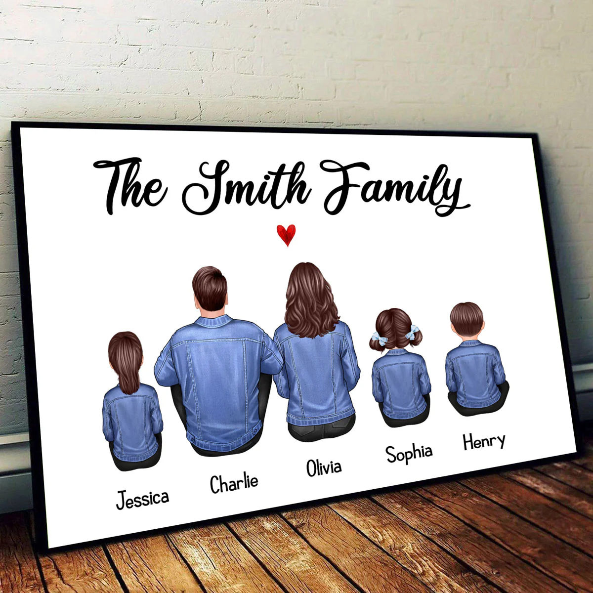 Whole Family Back View Denim Couple Dad Mom Kids Dogs Cats Sitting Personalized Horizontal Poster - Image 2