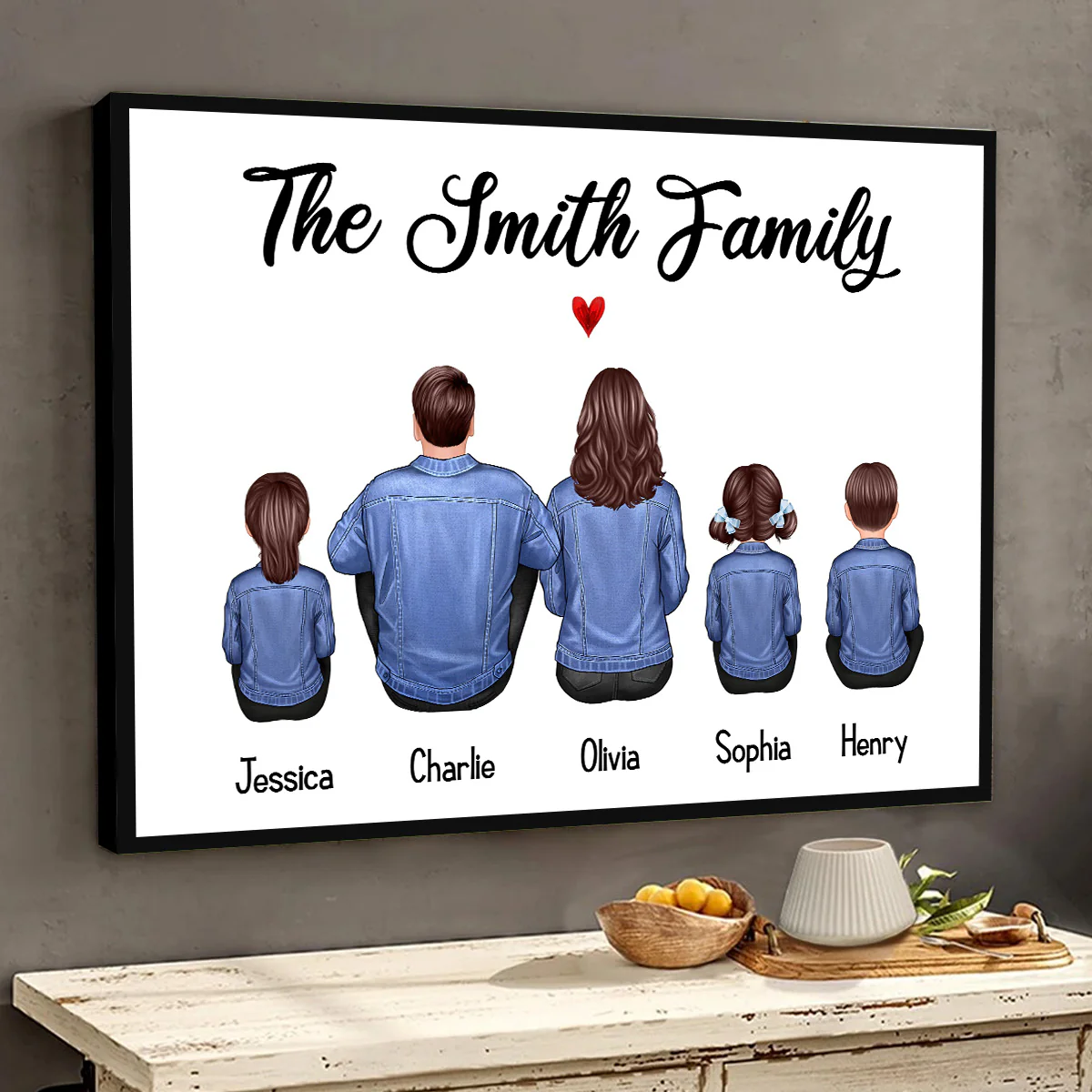Whole Family Back View Denim Couple Dad Mom Kids Dogs Cats Sitting Personalized Horizontal Poster - Image 3
