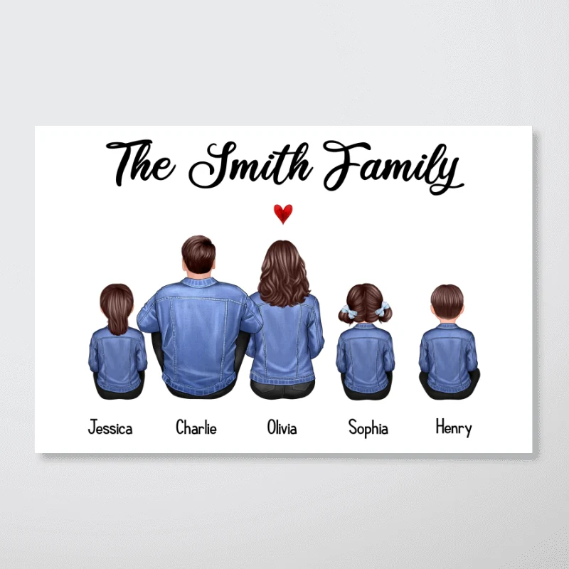 Whole Family Back View Denim Couple Dad Mom Kids Dogs Cats Sitting Personalized Horizontal Poster - Image 5
