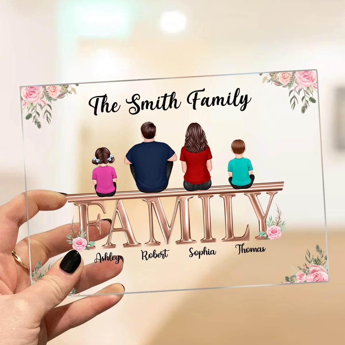 Whole Family Couple Grandma Grandpa Dad Mom Kids Dogs Cats Sitting On Word Personalized Acrylic Plaque - Image 3