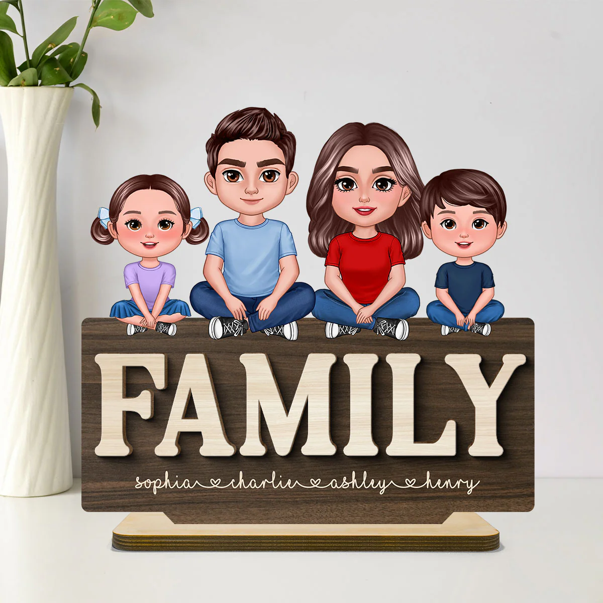Whole Family Crossed Legs Sitting On Word Dad Mom Kid Dog Cat Personalized 2-Layer Standing Wooden Plaque