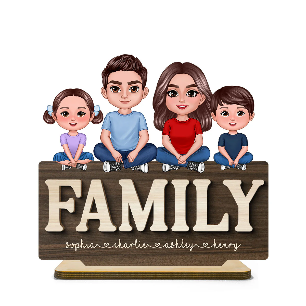 Whole Family Crossed Legs Sitting On Word Dad Mom Kid Dog Cat Personalized 2-Layer Standing Wooden Plaque - Image 2