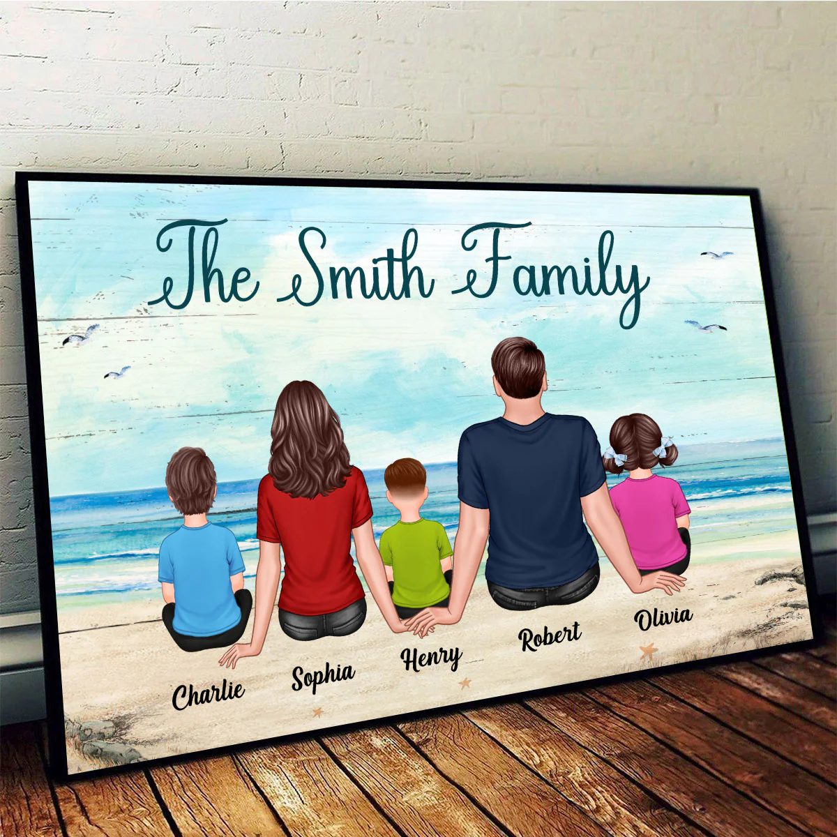 Whole Family Dad Mom Kids Dogs Cats Sitting Beach Landscape Personalized Horizontal Poster - Image 2