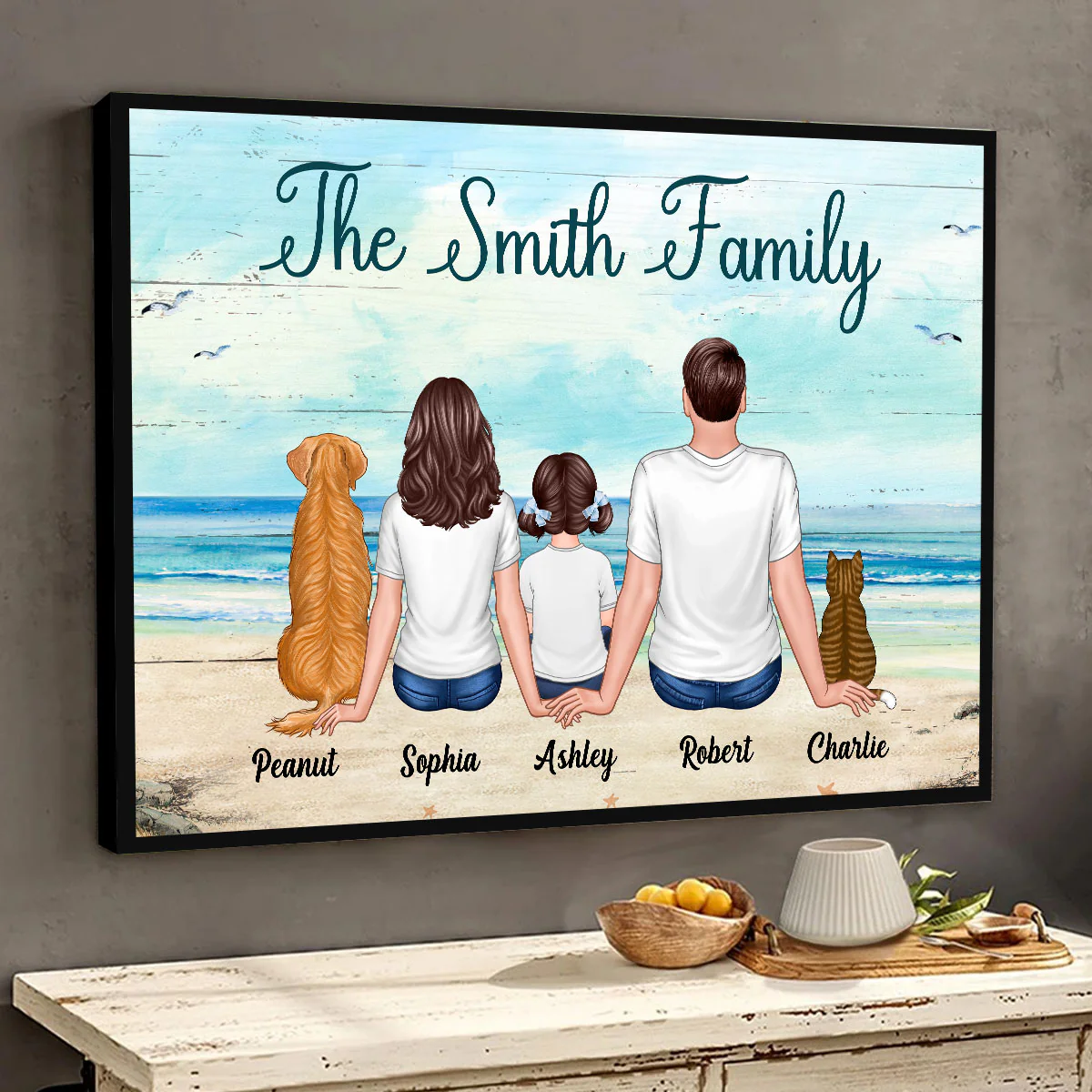 Whole Family Dad Mom Kids Dogs Cats Sitting Beach Landscape Personalized Horizontal Poster - Image 3