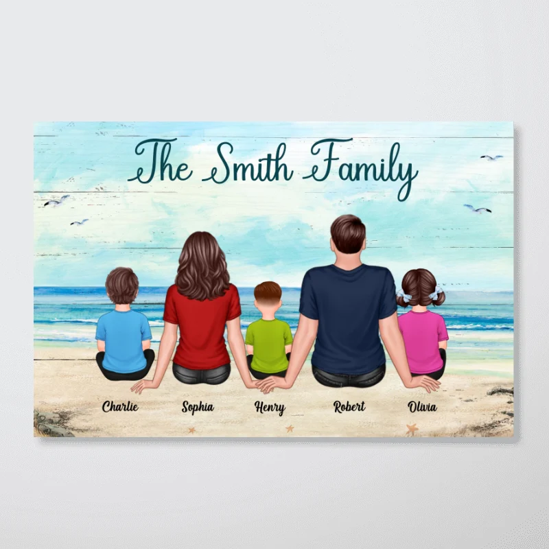 Whole Family Dad Mom Kids Dogs Cats Sitting Beach Landscape Personalized Horizontal Poster - Image 4