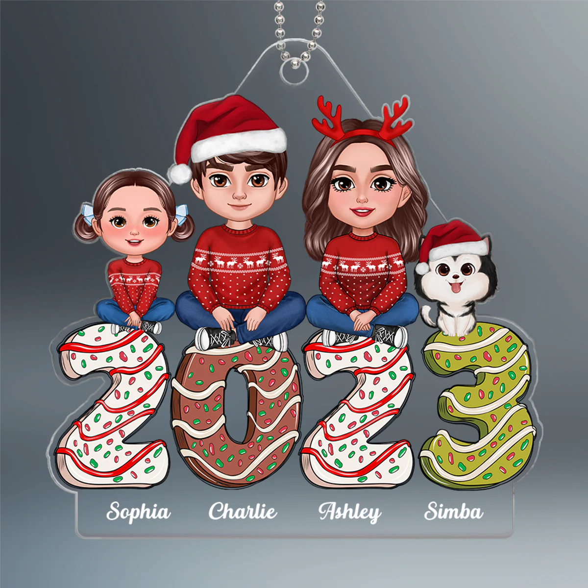 Family Crossed Legs Sitting Dad Mom Kids Dogs Cats Gingerbread 2023 Personalized Acrylic Ornament - Image 2