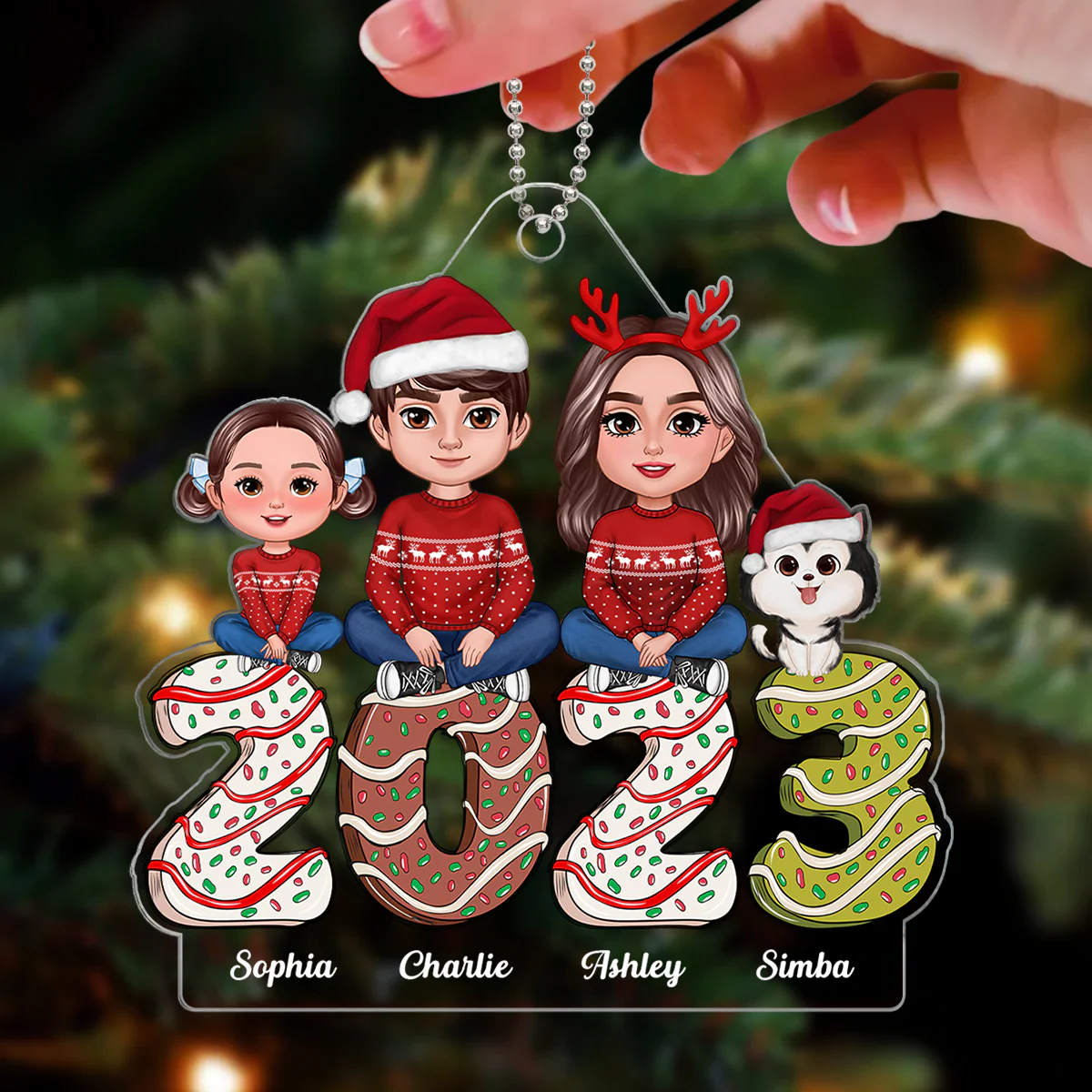 Family Crossed Legs Sitting Dad Mom Kids Dogs Cats Gingerbread 2023 Personalized Acrylic Ornament - Image 3