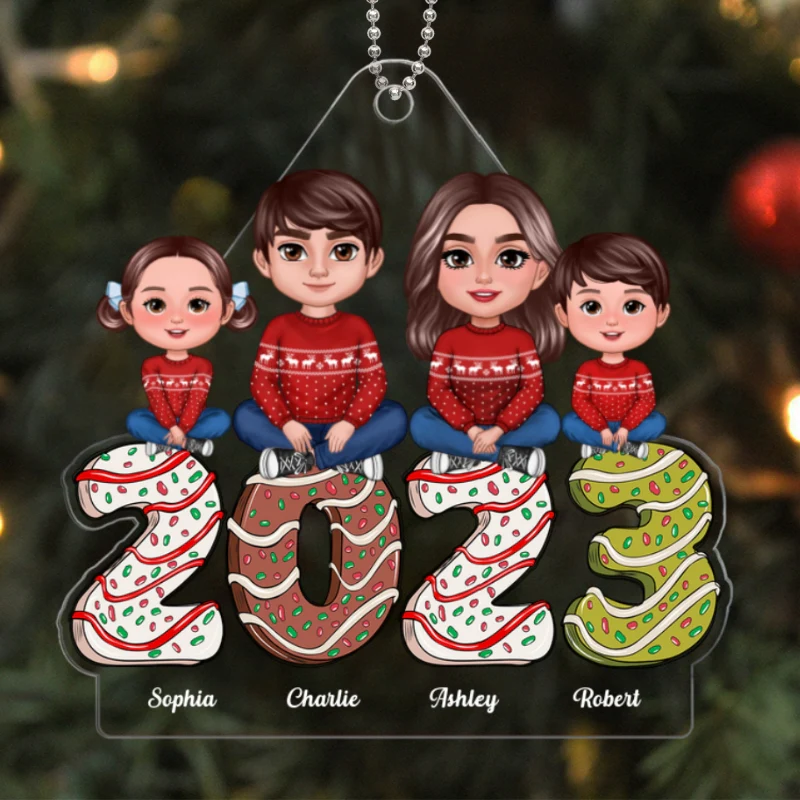 Family Crossed Legs Sitting Dad Mom Kids Dogs Cats Gingerbread 2023 Personalized Acrylic Ornament - Image 5