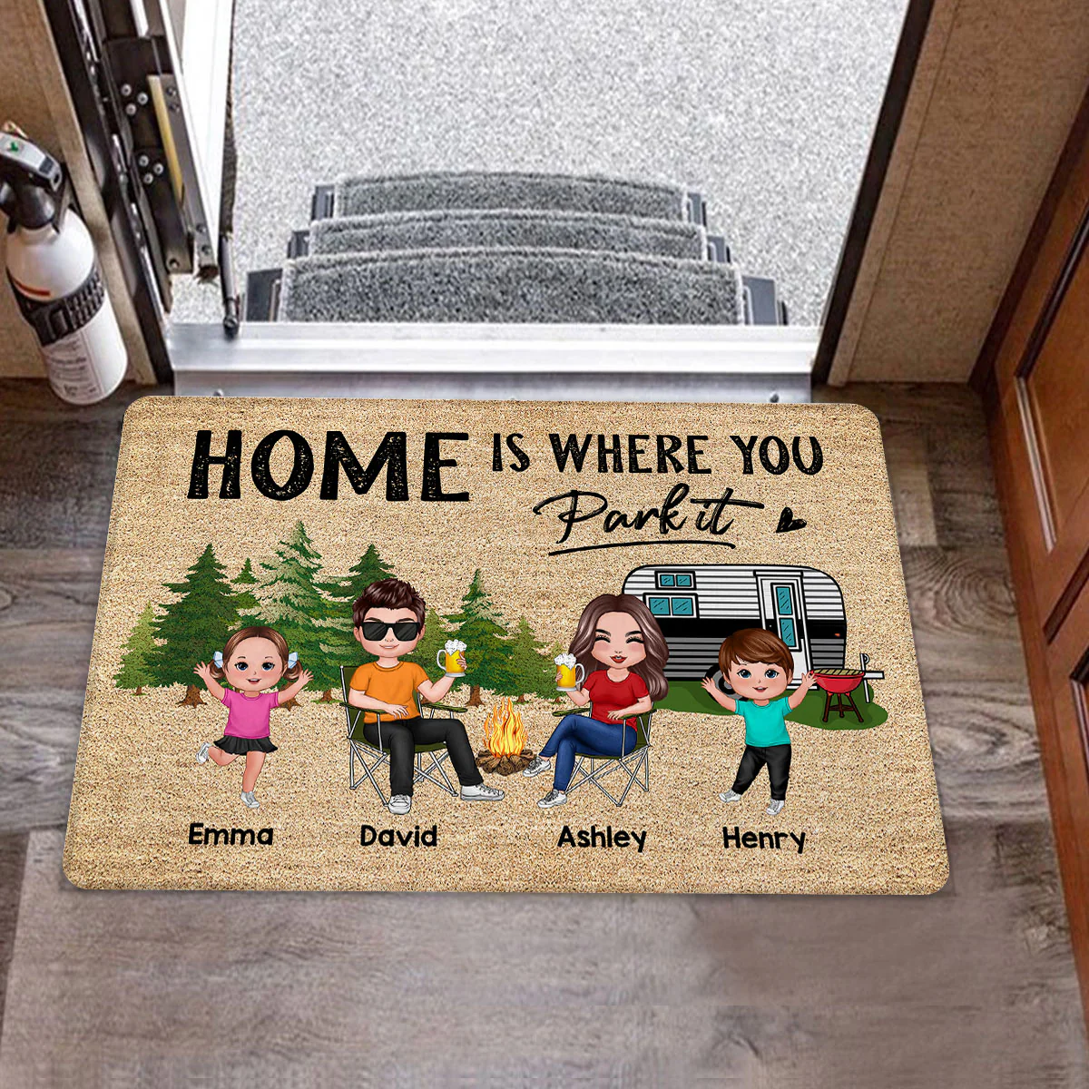 Whole Family Doll Couple Dad Mom Kids Dogs Cats Camping Personalized Doormat - Image 2
