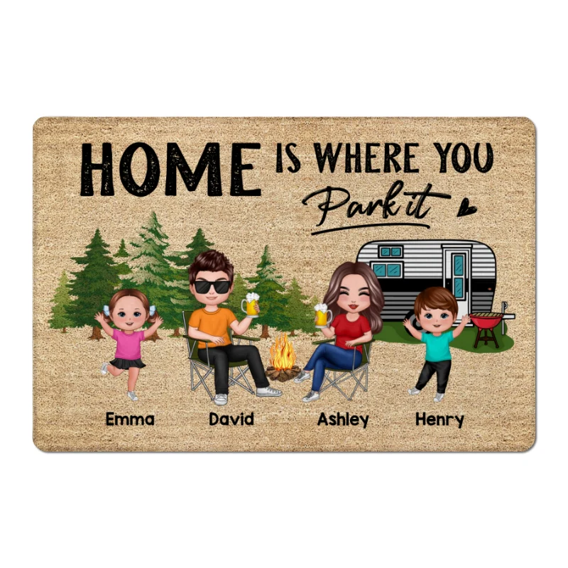 Whole Family Doll Couple Dad Mom Kids Dogs Cats Camping Personalized Doormat - Image 6