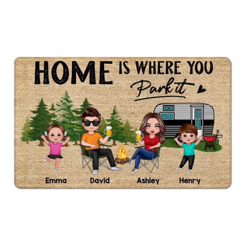 Whole Family Doll Couple Dad Mom Kids Dogs Cats Camping Personalized Doormat - Image 7