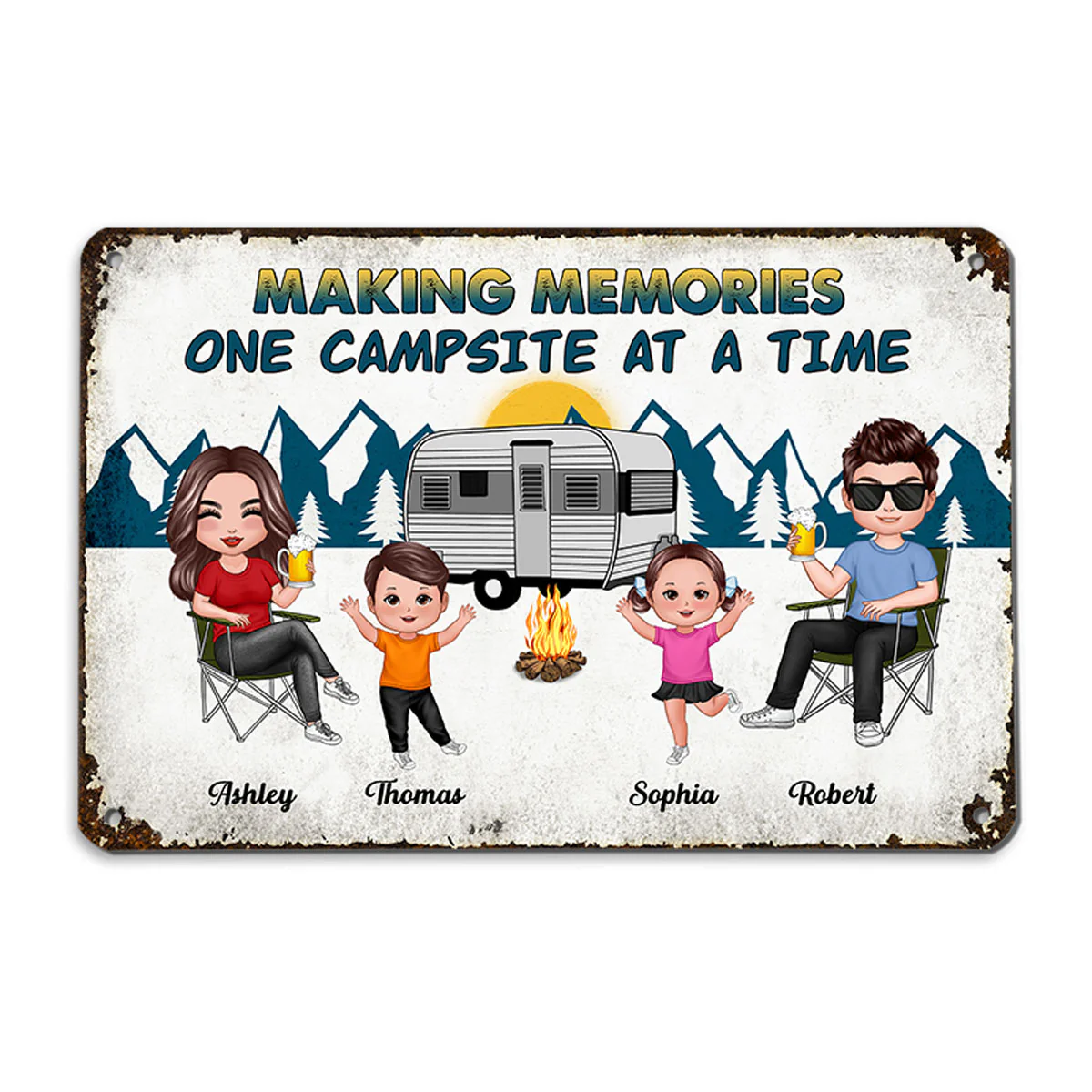 Whole Family Doll Couple Dad Mom Kids Dogs Cats Camping Personalized Metal Sign