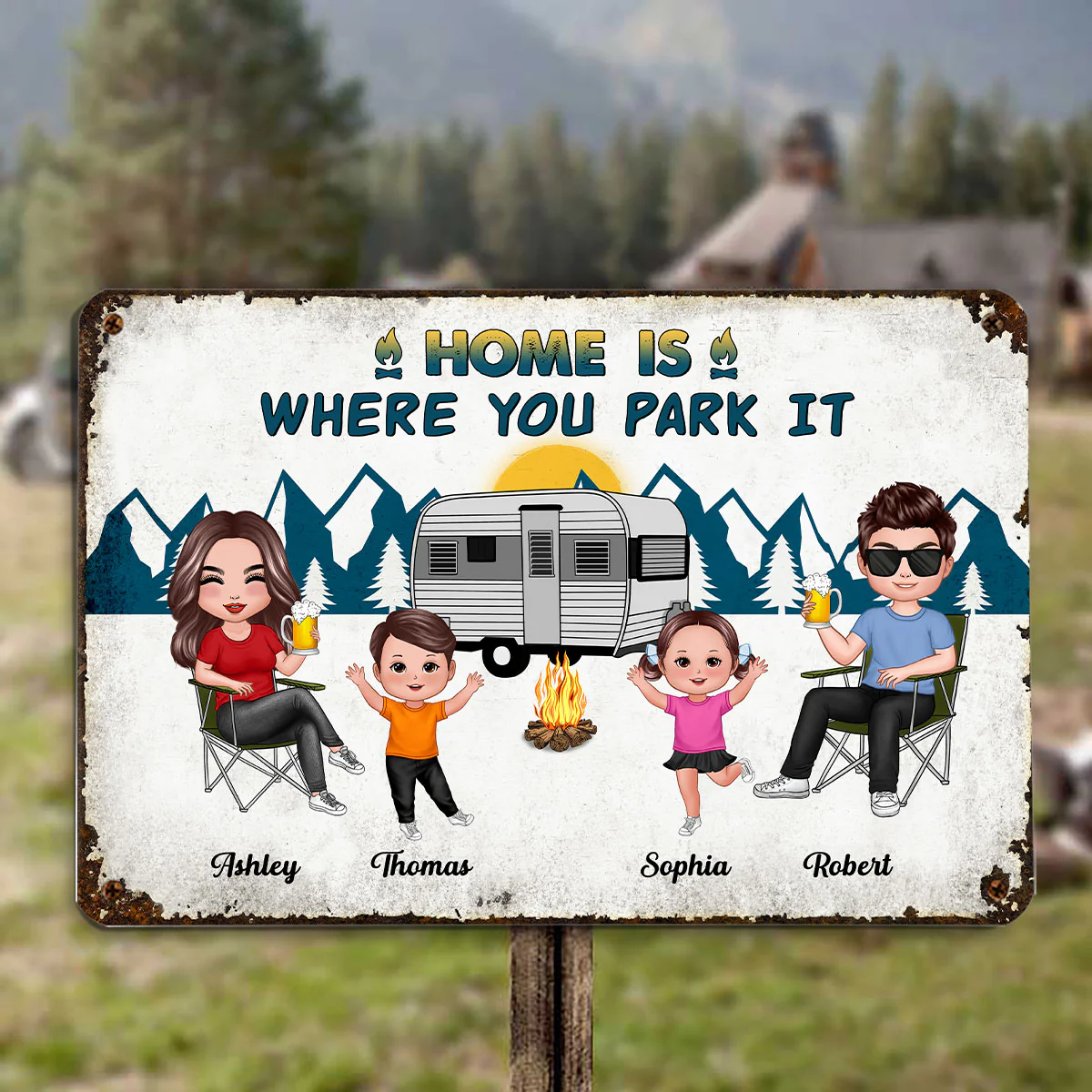 Whole Family Doll Couple Dad Mom Kids Dogs Cats Camping Personalized Metal Sign - Image 2