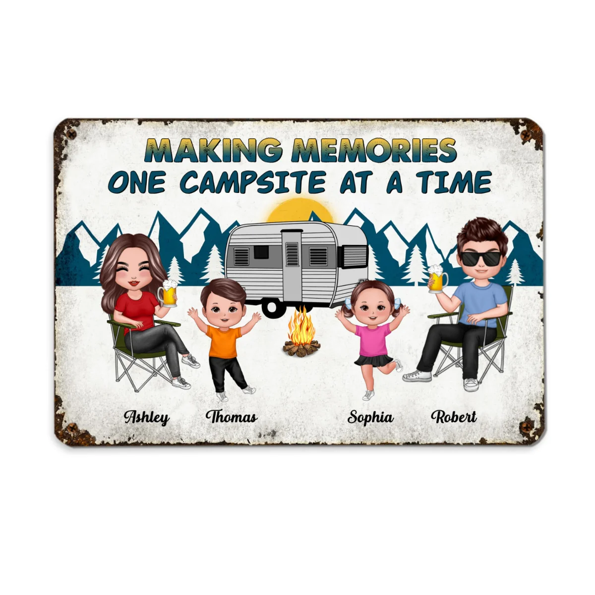 Whole Family Doll Couple Dad Mom Kids Dogs Cats Camping Personalized Metal Sign - Image 3