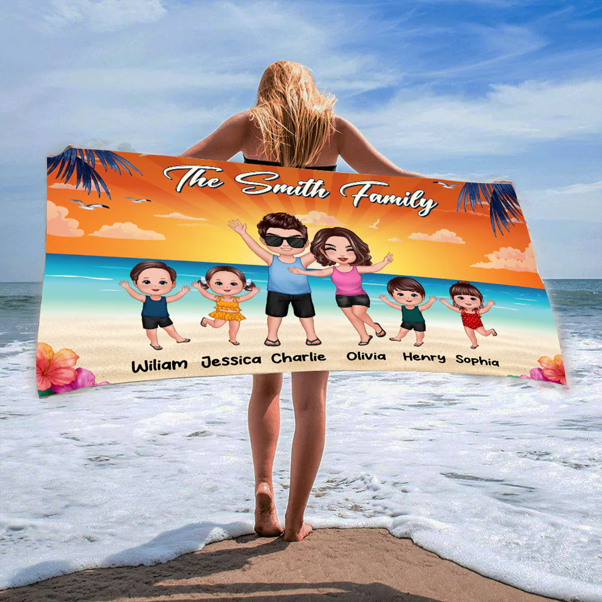 Whole Family Happy Couple Dad Mom Kids Dogs Cats Personalized Beach Towel - Image 2