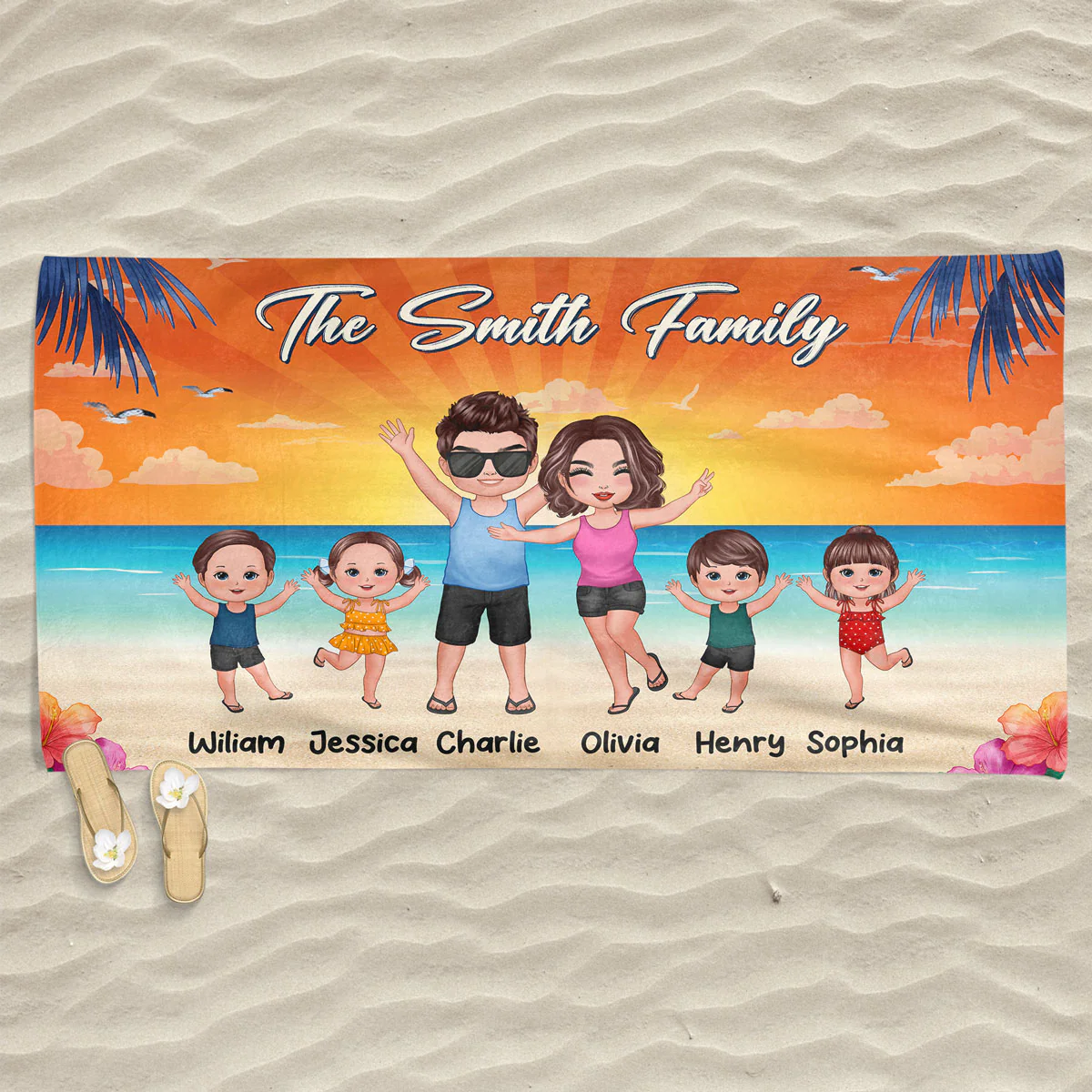 Whole Family Happy Couple Dad Mom Kids Dogs Cats Personalized Beach Towel - Image 3